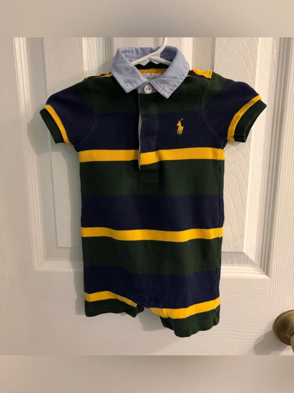 Ralph Lauren Classic Boy's Polo-Style Romper Green/Blue/Yellow Stripes Size 3M